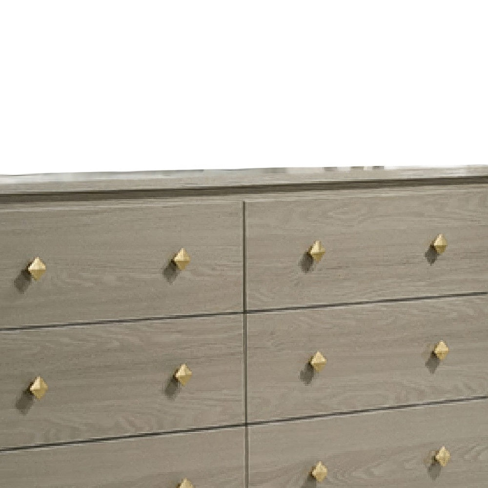 Reny Wide Dresser | 6 Drawers | Rounded Edges | Gold Knobs | Rustic Gray