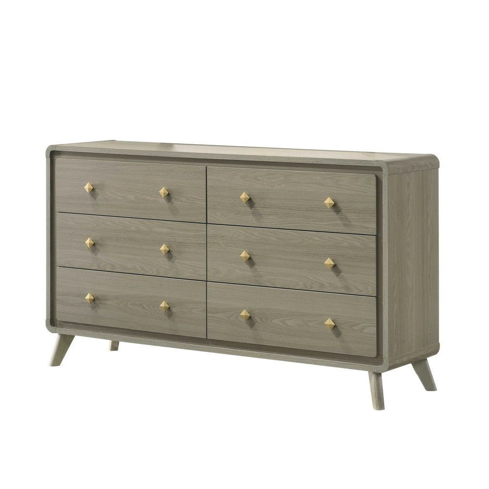 Reny Wide Dresser | 6 Drawers | Rounded Edges | Gold Knobs | Rustic Gray