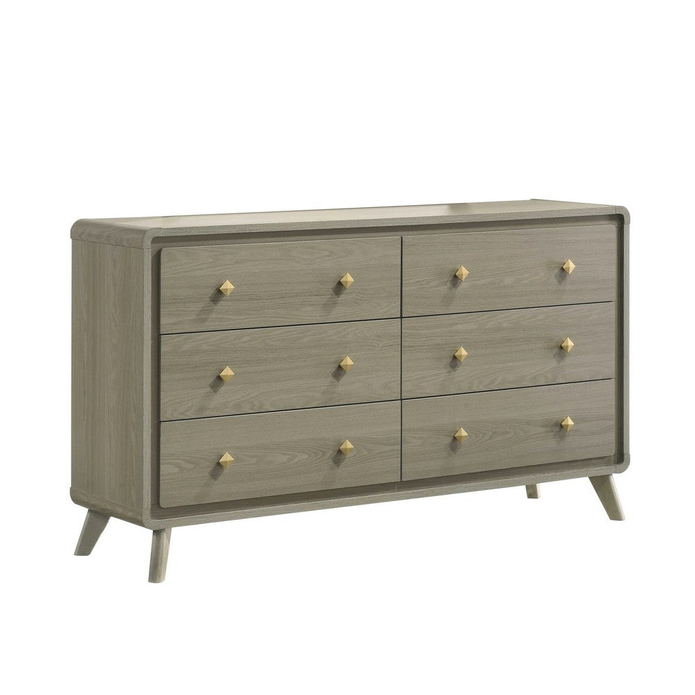Reny Wide Dresser | 6 Drawers | Rounded Edges | Gold Knobs | Rustic Gray