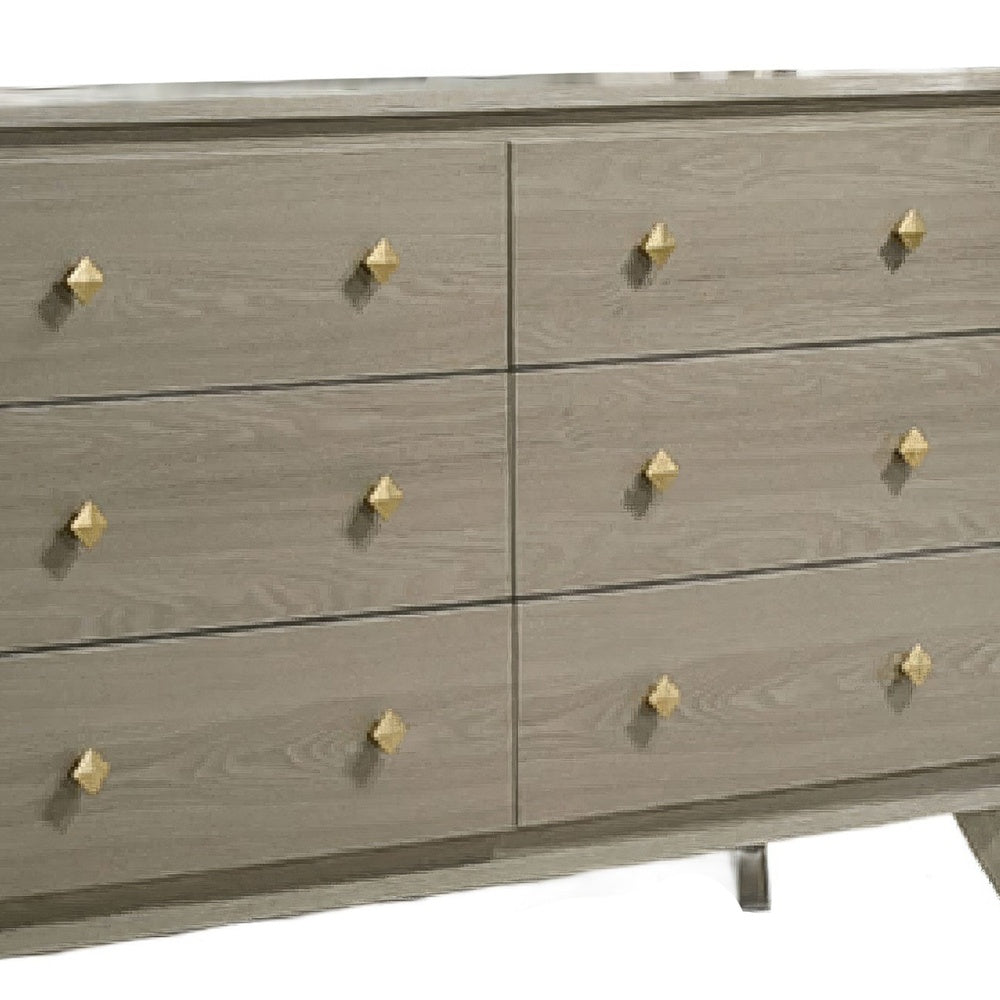 Reny Wide Dresser | 6 Drawers | Rounded Edges | Gold Knobs | Rustic Gray