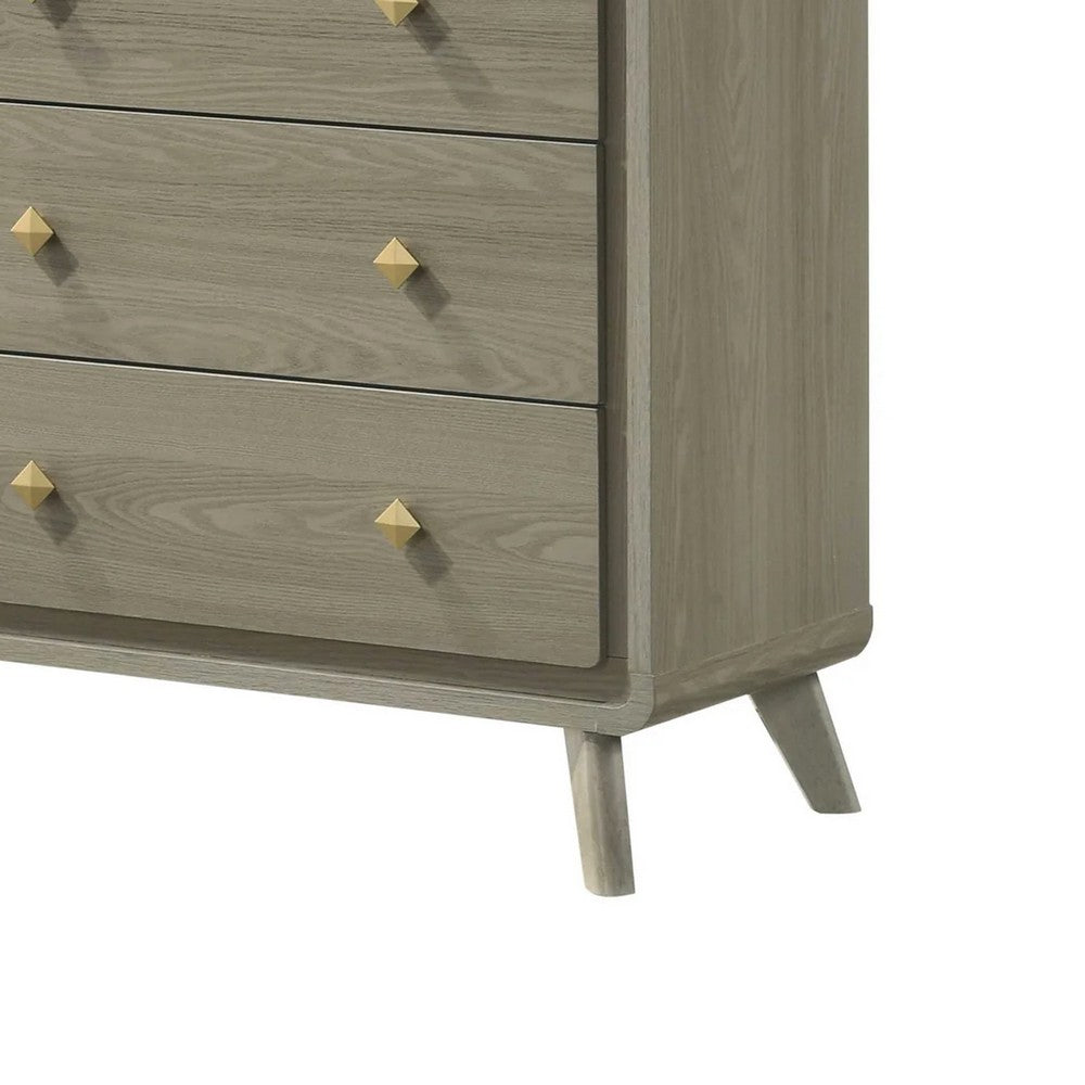 Reny Wide Dresser | 6 Drawers | Rounded Edges | Gold Knobs | Rustic Gray