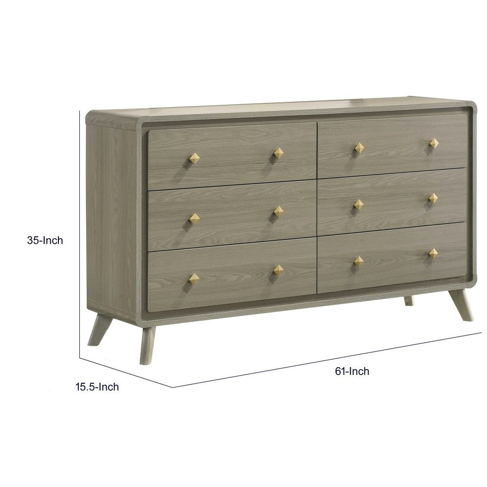 Reny Wide Dresser | 6 Drawers | Rounded Edges | Gold Knobs | Rustic Gray
