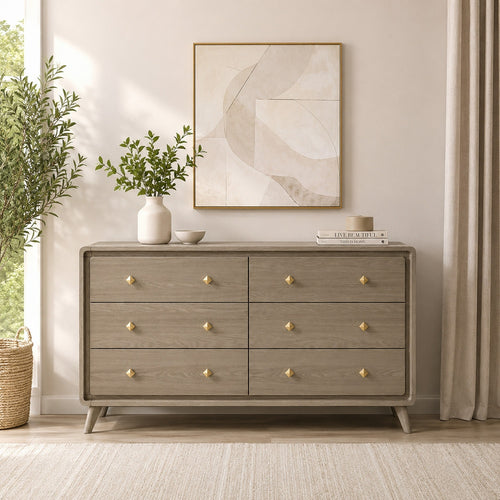 Reny Wide Dresser | 6 Drawers | Rounded Edges | Gold Knobs | Rustic Gray