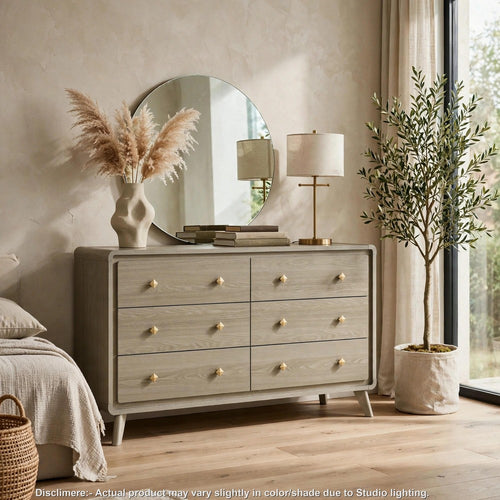 Reny Wide Dresser | 6 Drawers | Rounded Edges | Gold Knobs | Rustic Gray