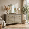 Reny Wide Dresser | 6 Drawers | Rounded Edges | Gold Knobs | Rustic Gray