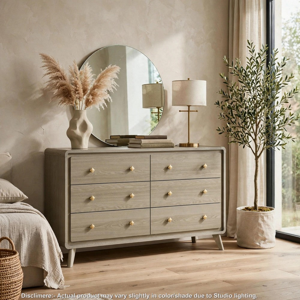 Reny Wide Dresser | 6 Drawers | Rounded Edges | Gold Knobs | Rustic Gray