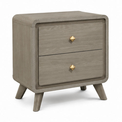 Reny Nightst& | 2 Drawers | Rounded Edges | Gold Knobs | Rustic Gray Wood