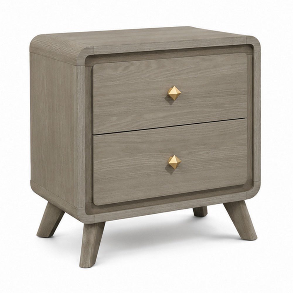 Reny Nightst& | 2 Drawers | Rounded Edges | Gold Knobs | Rustic Gray Wood