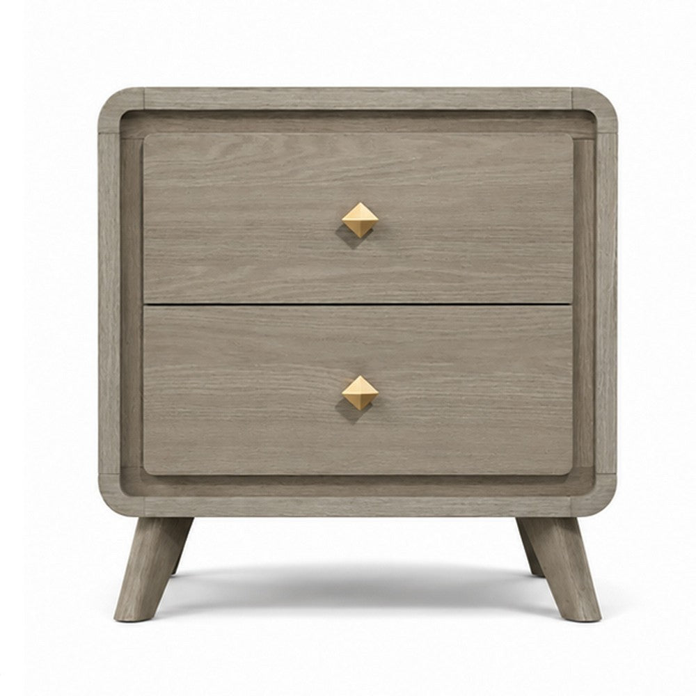 Reny Nightst& | 2 Drawers | Rounded Edges | Gold Knobs | Rustic Gray Wood