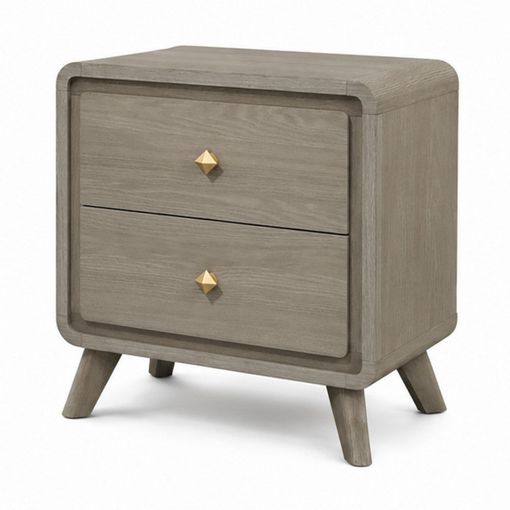 Reny Nightst& | 2 Drawers | Rounded Edges | Gold Knobs | Rustic Gray Wood