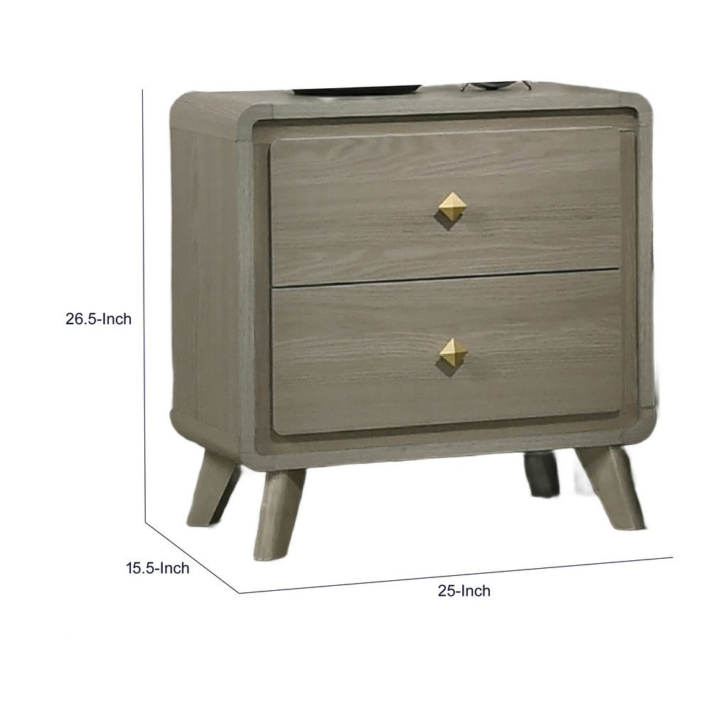 Reny Nightst& | 2 Drawers | Rounded Edges | Gold Knobs | Rustic Gray Wood