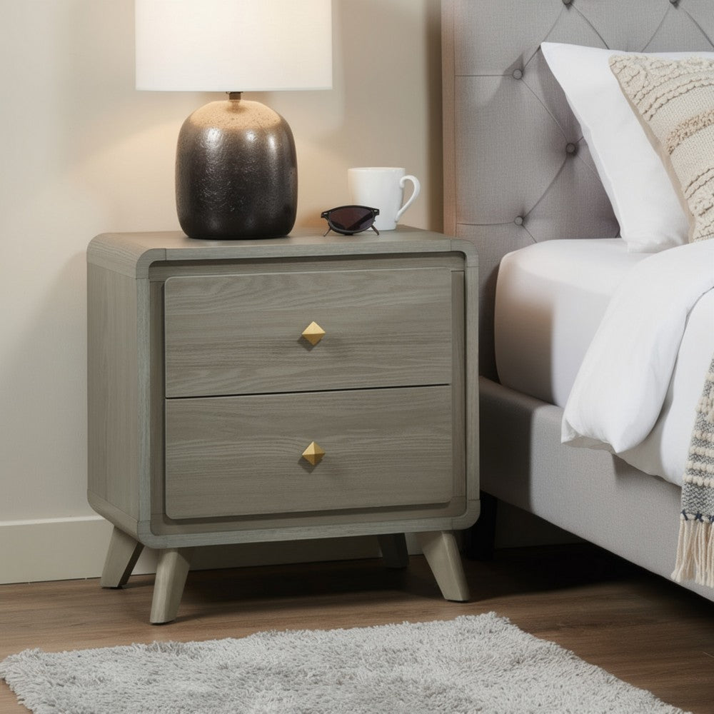 Reny Nightst& | 2 Drawers | Rounded Edges | Gold Knobs | Rustic Gray Wood