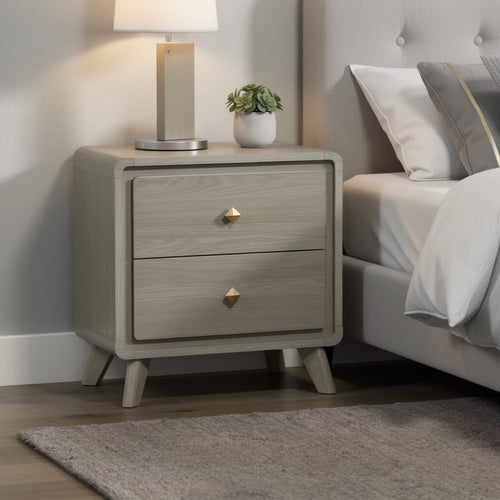 Reny Nightst& | 2 Drawers | Rounded Edges | Gold Knobs | Rustic Gray Wood