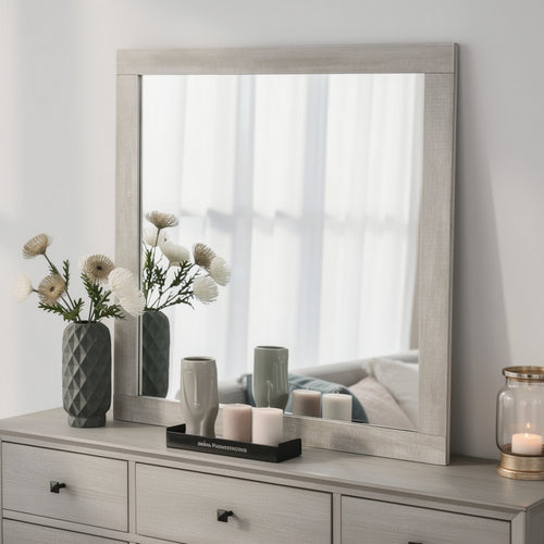 Dabu Dresser Mirror | Framed Design | Light Gray Wood | 37x39 Rectangular