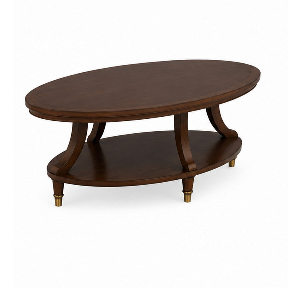 Raam Coffee Table | 52" Oval Top with Lower Shelf | Dark Cherry Brown
