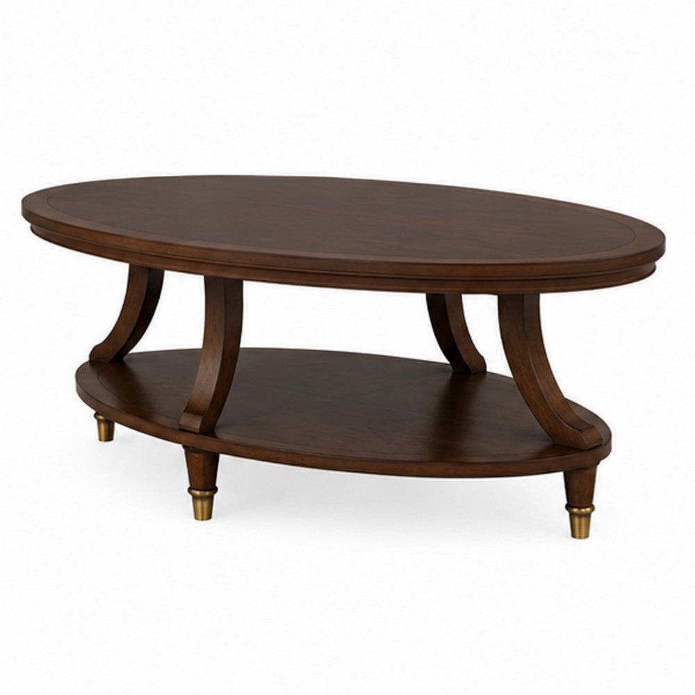 Raam Coffee Table | 52" Oval Top with Lower Shelf | Dark Cherry Brown