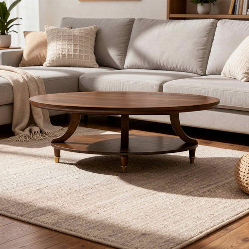 Raam Coffee Table | 52" Oval Top with Lower Shelf | Dark Cherry Brown