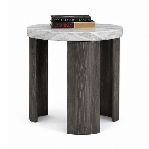 Lesy Side End Table | 24" Triangular Faux Marble Top | Gray White