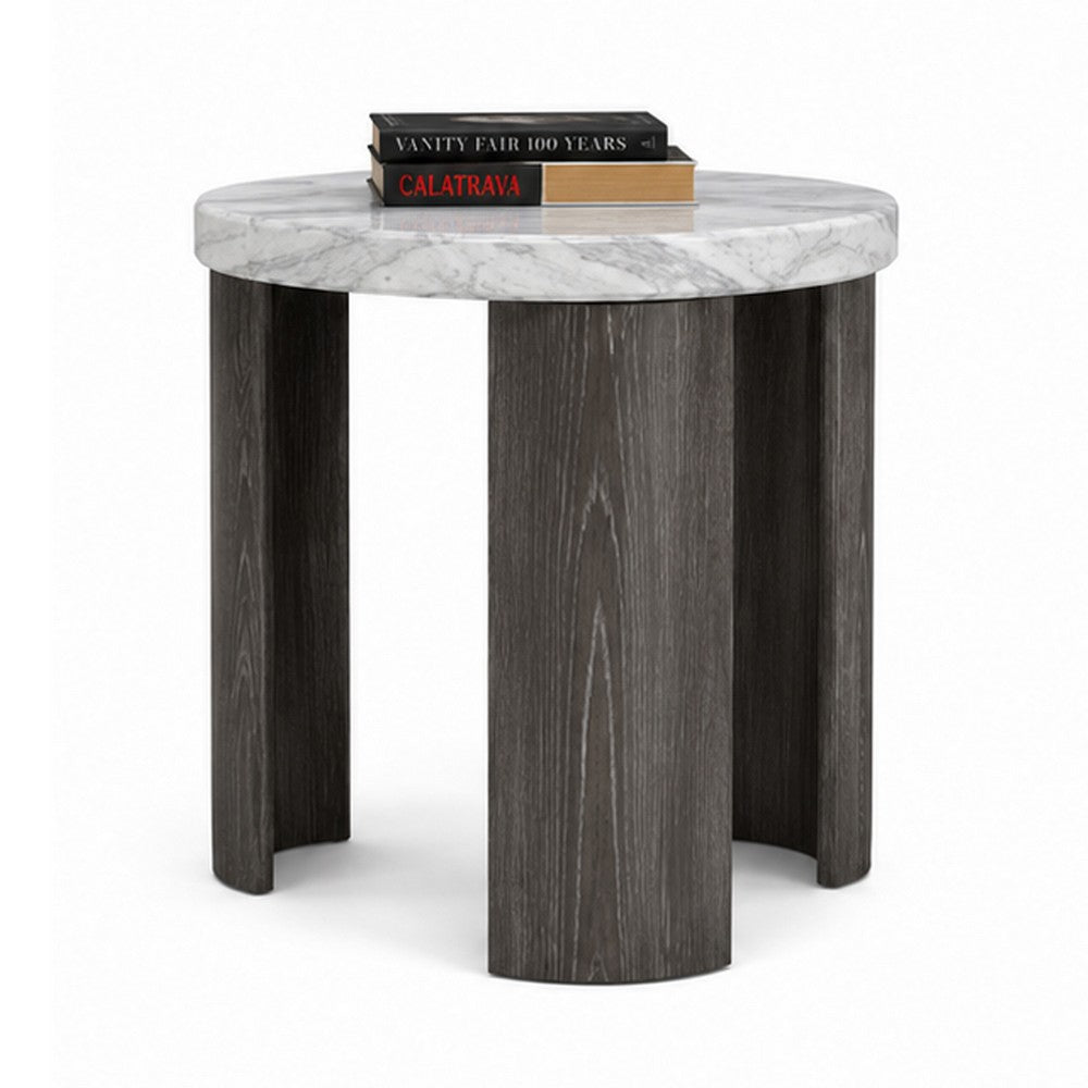 Lesy Side End Table | 24" Triangular Faux Marble Top | Gray White