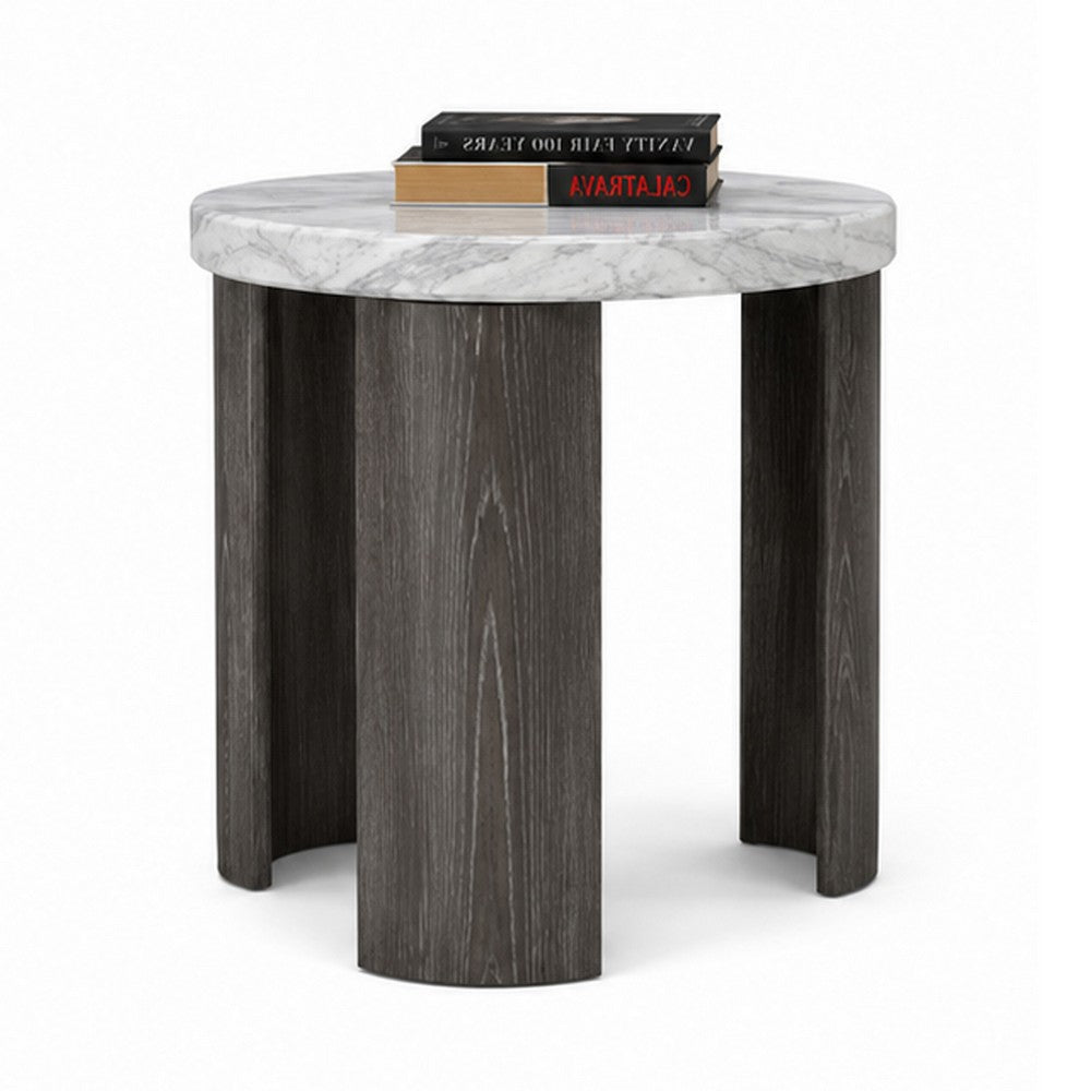 Lesy Side End Table | 24" Triangular Faux Marble Top | Gray White