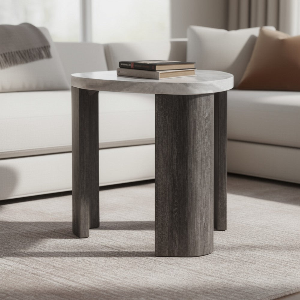 Lesy Side End Table | 24" Triangular Faux Marble Top | Gray White