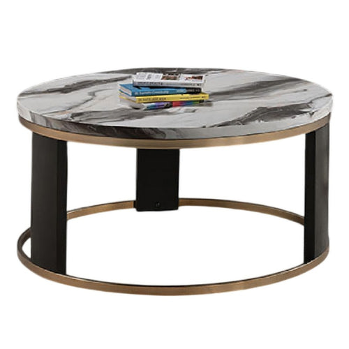 Besy Coffee Table | 36" White Faux Marble | Gold Ring Base | Black