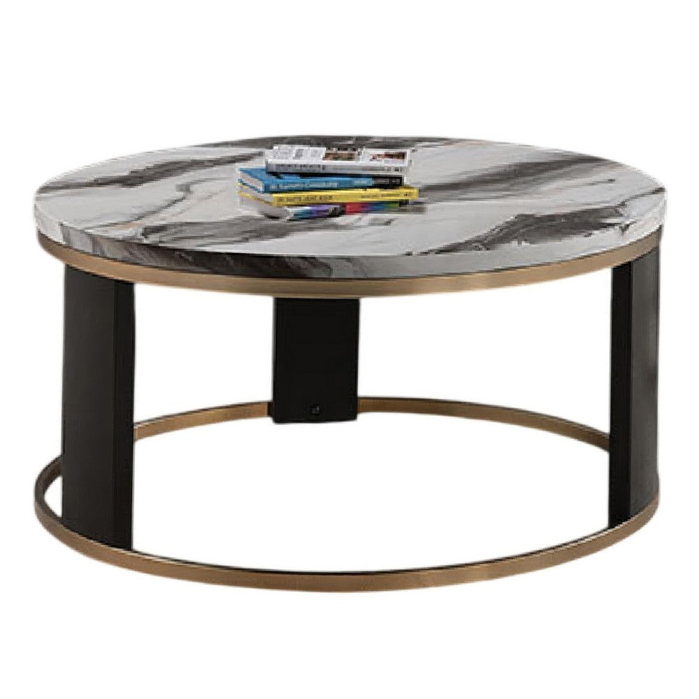 Besy Coffee Table | 36" White Faux Marble | Gold Ring Base | Black