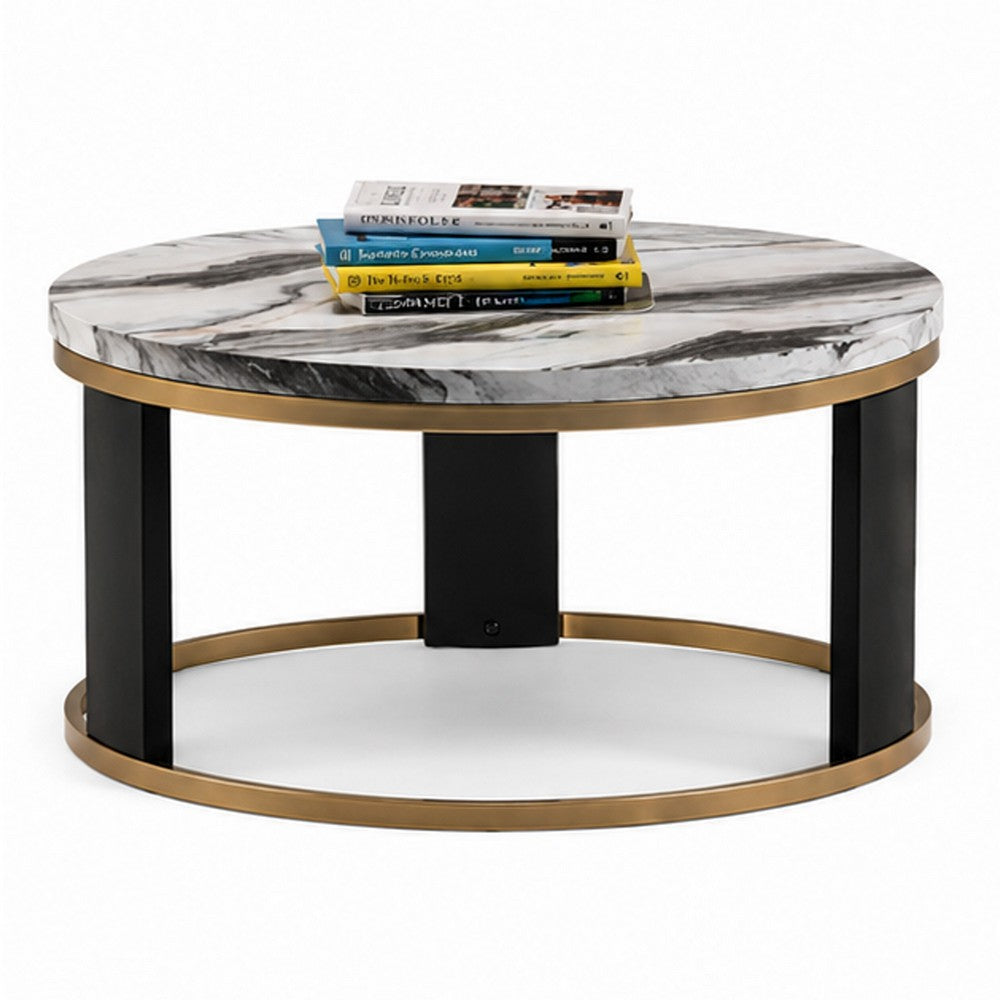 Besy Coffee Table | 36" White Faux Marble | Gold Ring Base | Black