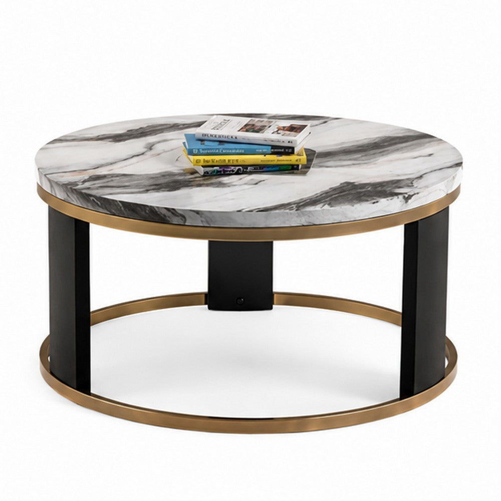 Besy Coffee Table | 36" White Faux Marble | Gold Ring Base | Black