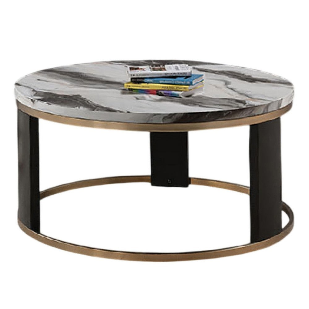 Besy Coffee Table | 36" White Faux Marble | Gold Ring Base | Black