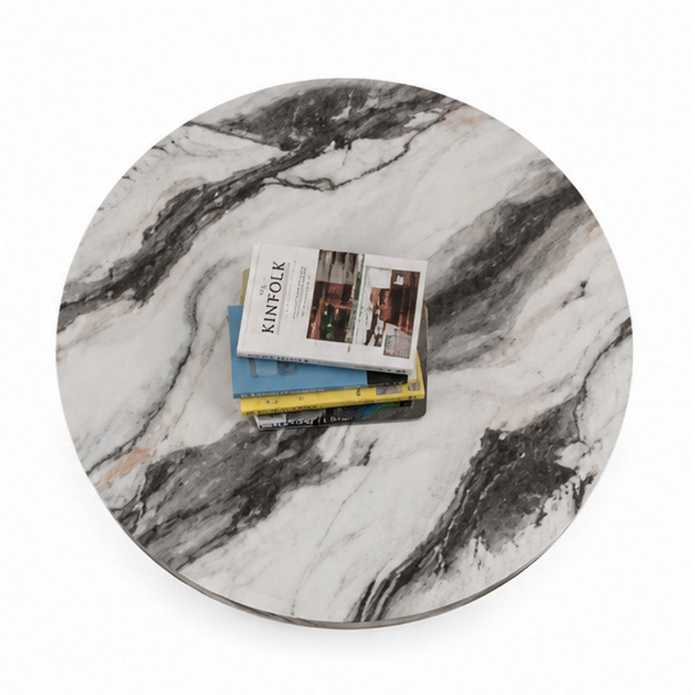 Besy Coffee Table | 36" White Faux Marble | Gold Ring Base | Black