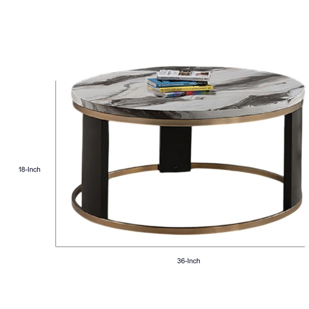Besy Coffee Table | 36" White Faux Marble | Gold Ring Base | Black