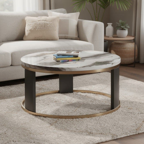 Besy Coffee Table | 36" White Faux Marble | Gold Ring Base | Black