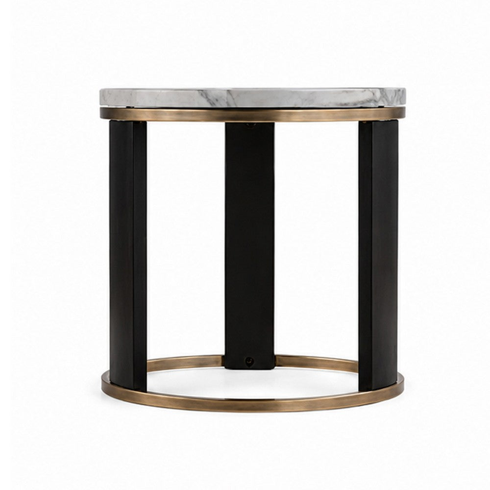 Besy Side End Table | 24" White Faux Marble | Gold Ring Base | Black