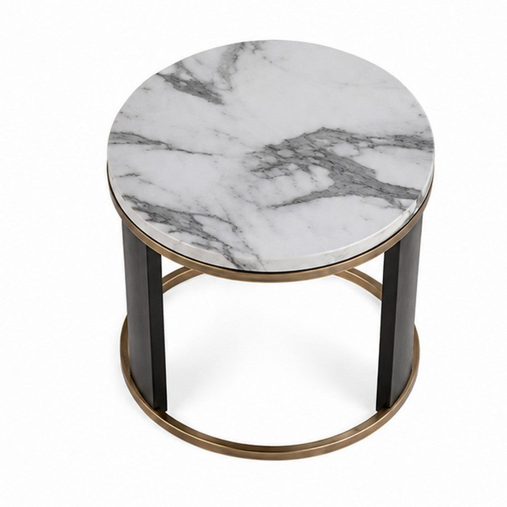 Besy Side End Table | 24" White Faux Marble | Gold Ring Base | Black