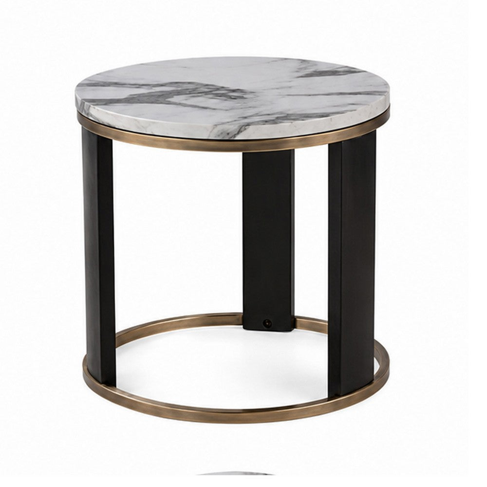 Besy Side End Table | 24" White Faux Marble | Gold Ring Base | Black
