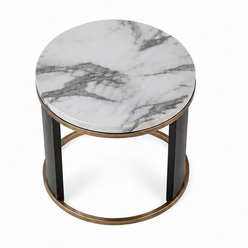Besy Side End Table | 24" White Faux Marble | Gold Ring Base | Black