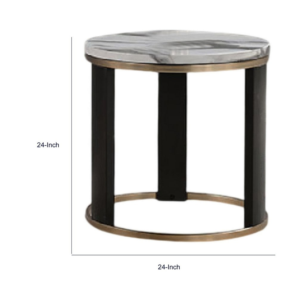 Besy Side End Table | 24" White Faux Marble | Gold Ring Base | Black