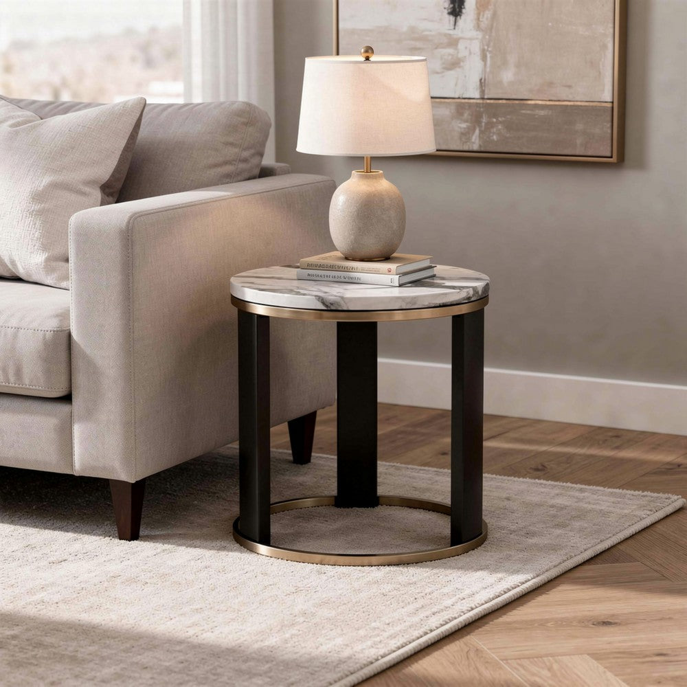 Besy Side End Table | 24" White Faux Marble | Gold Ring Base | Black