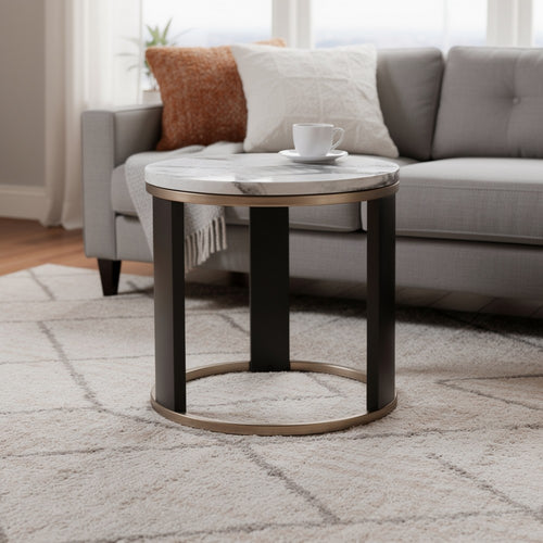 Besy Side End Table | 24" White Faux Marble | Gold Ring Base | Black