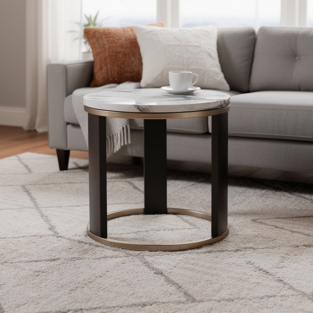 Besy Side End Table | 24" White Faux Marble | Gold Ring Base | Black