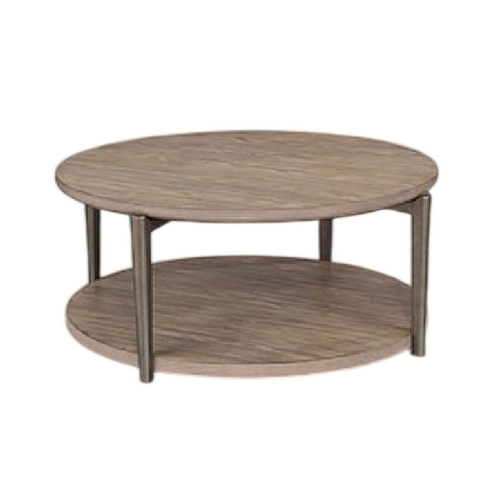 Jesy Coffee Table | 43" Round Top with Lower Shelf | Natural Brown