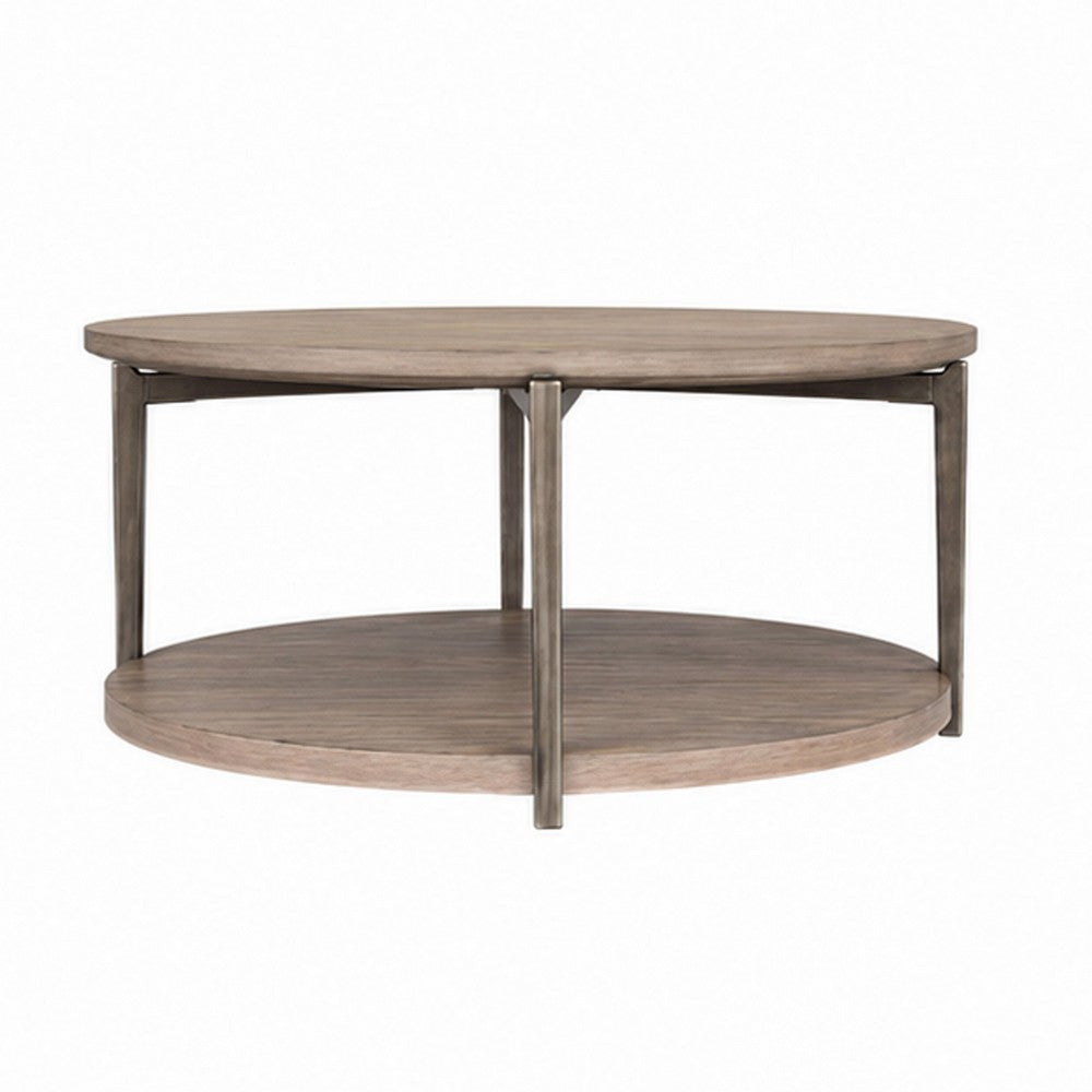 Jesy Coffee Table | 43" Round Top with Lower Shelf | Natural Brown