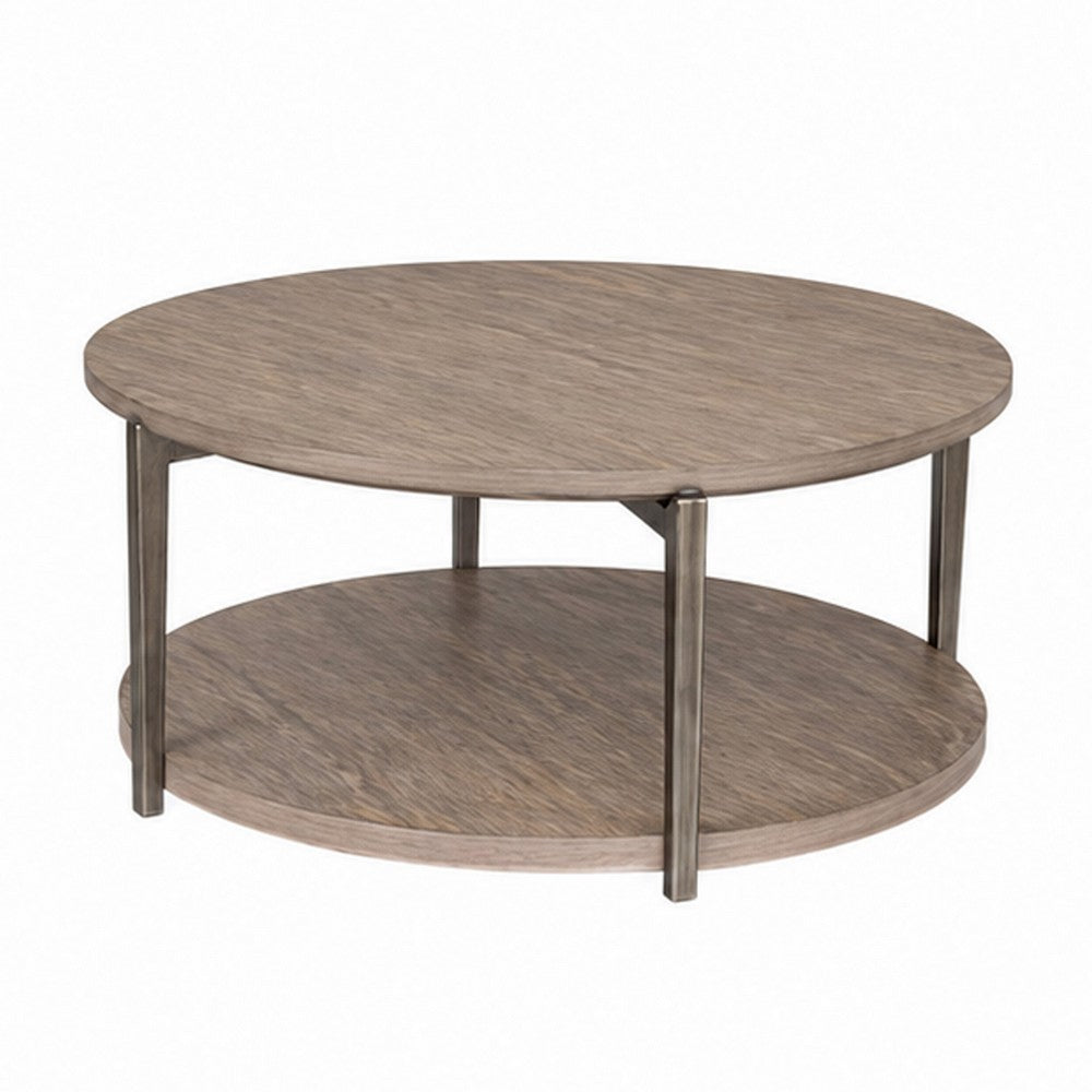 Jesy Coffee Table | 43" Round Top with Lower Shelf | Natural Brown