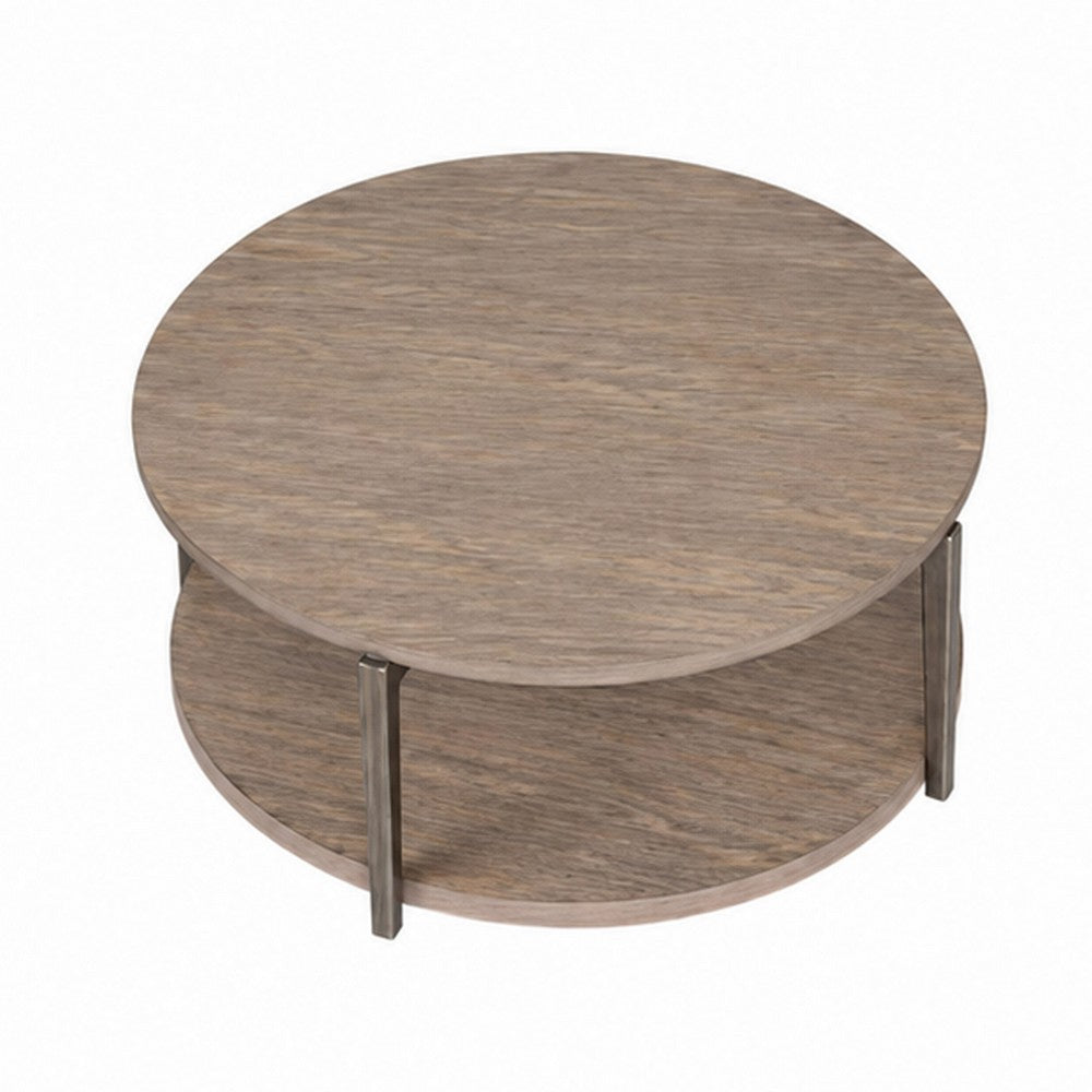 Jesy Coffee Table | 43" Round Top with Lower Shelf | Natural Brown