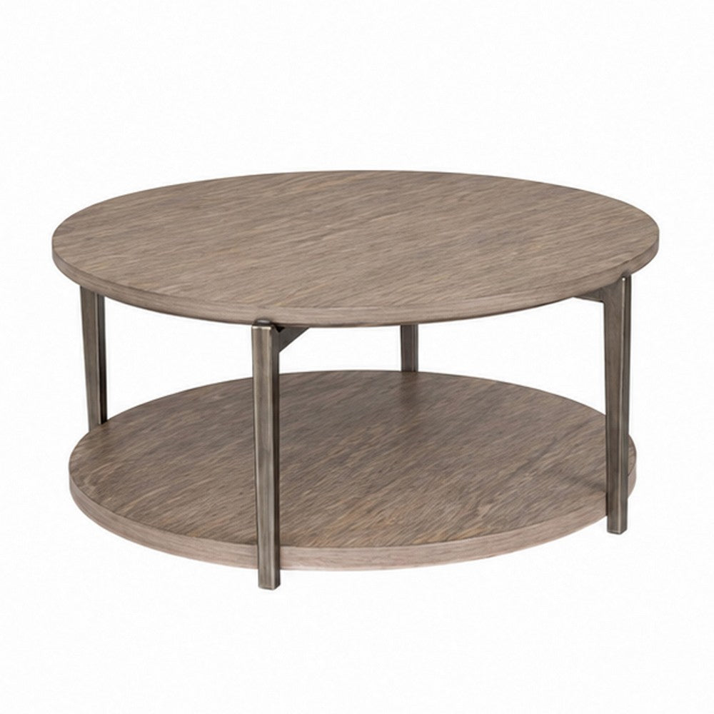 Jesy Coffee Table | 43" Round Top with Lower Shelf | Natural Brown