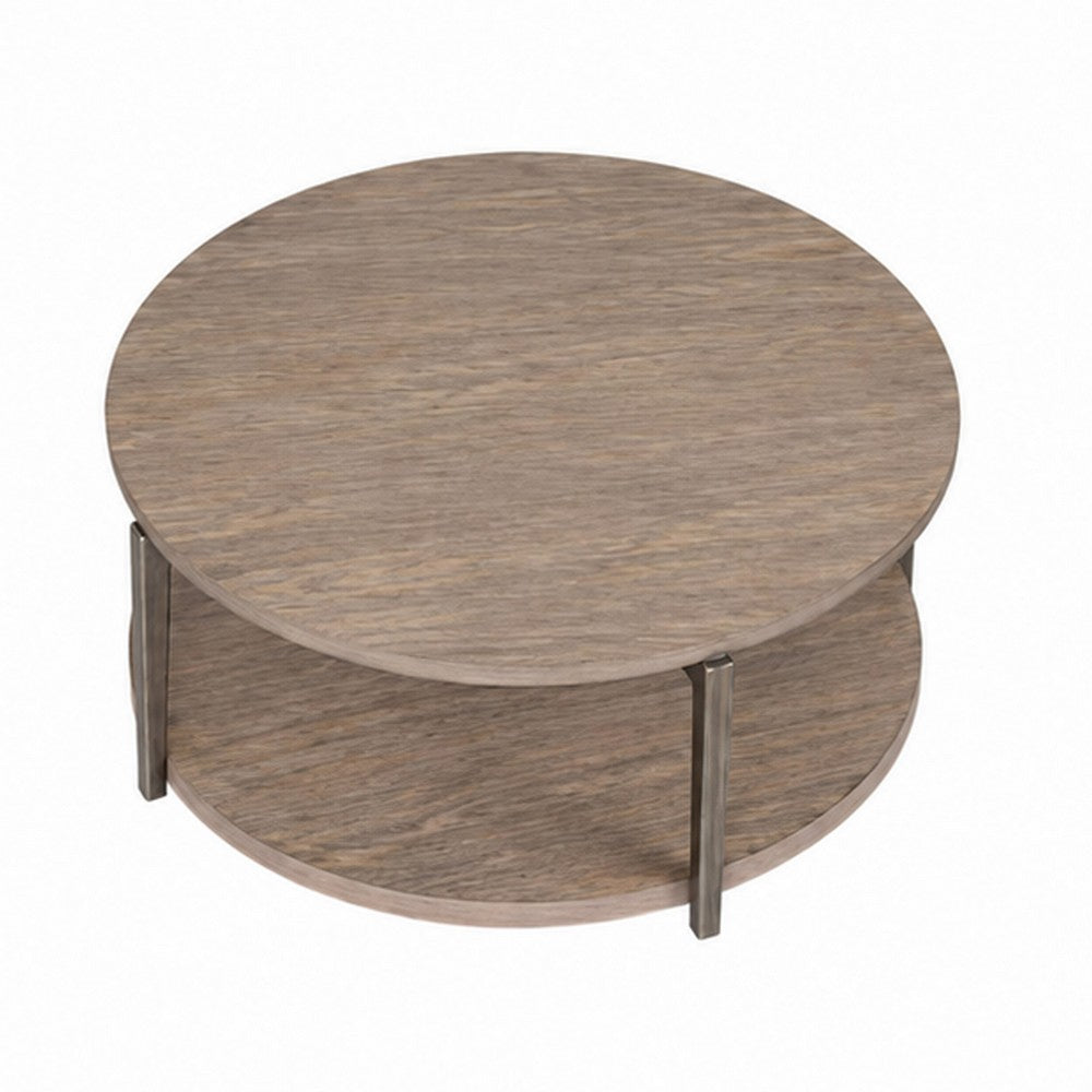 Jesy Coffee Table | 43" Round Top with Lower Shelf | Natural Brown
