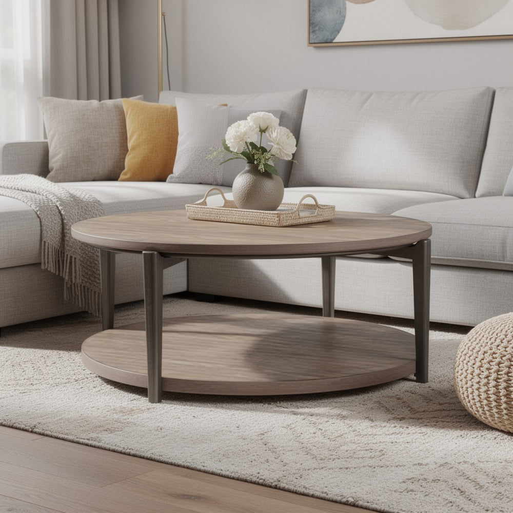 Jesy Coffee Table | 43" Round Top with Lower Shelf | Natural Brown