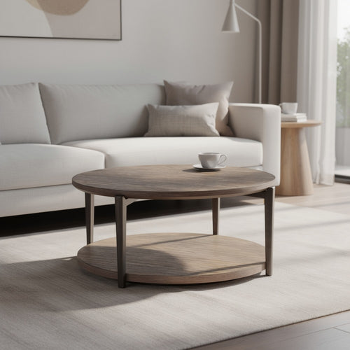 Jesy Coffee Table | 43" Round Top with Lower Shelf | Natural Brown