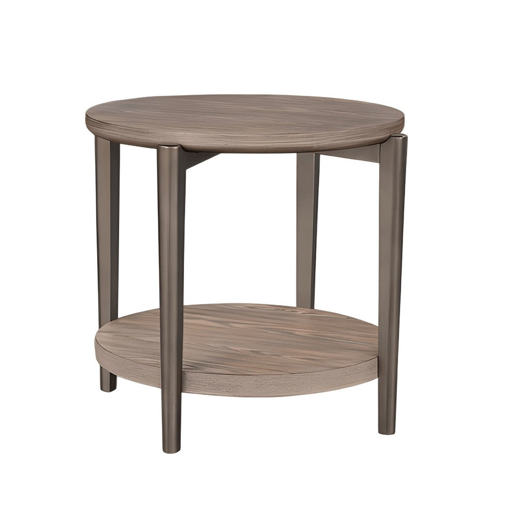 Jesy Side End Table | 27" Round Top | Lower Shelf | Natural Brown